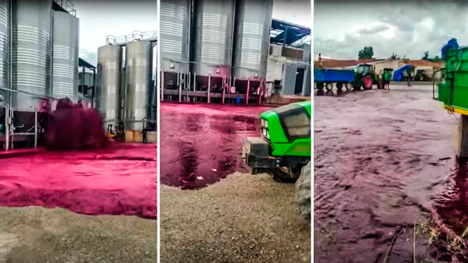 El vino escapa de un depósito de 50.000 litros